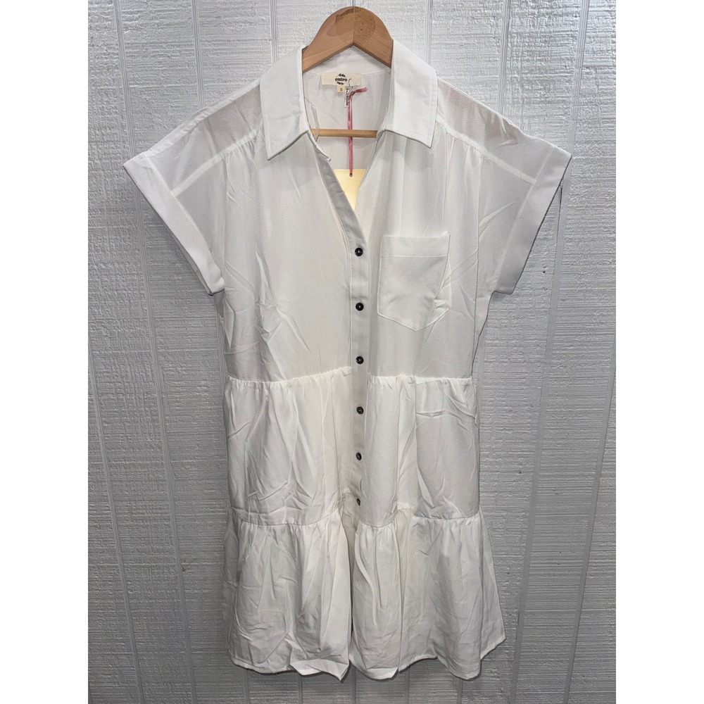 Entro Shirt Dress Women White Tiered Short Sleeve Button Front Small D22340